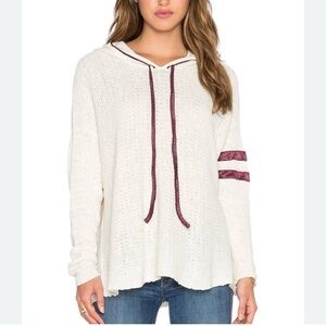 Free People Cream Waffle Knit Hooded Sweater, Maroon Stripe Sleeve, Size M Boho